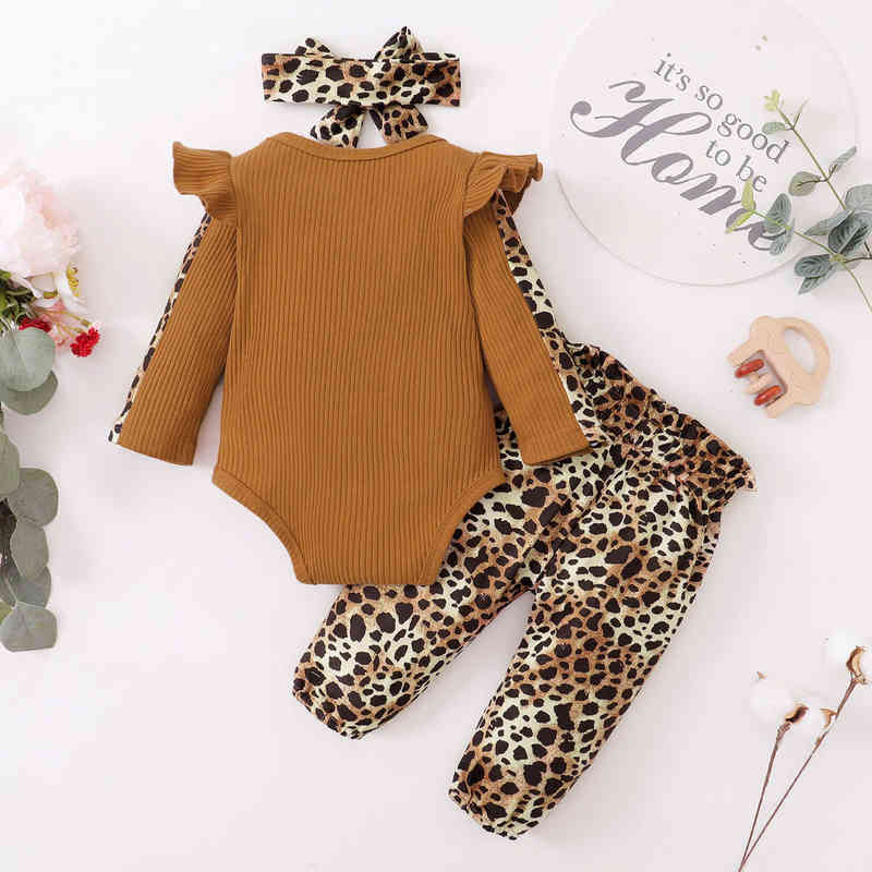 3Pcs Newborn Clothes Baby Girl Clothes Sets Infant Outfit Ruffles Romper Top Bow Leopard Pants New Born Toddler Clothing G1221