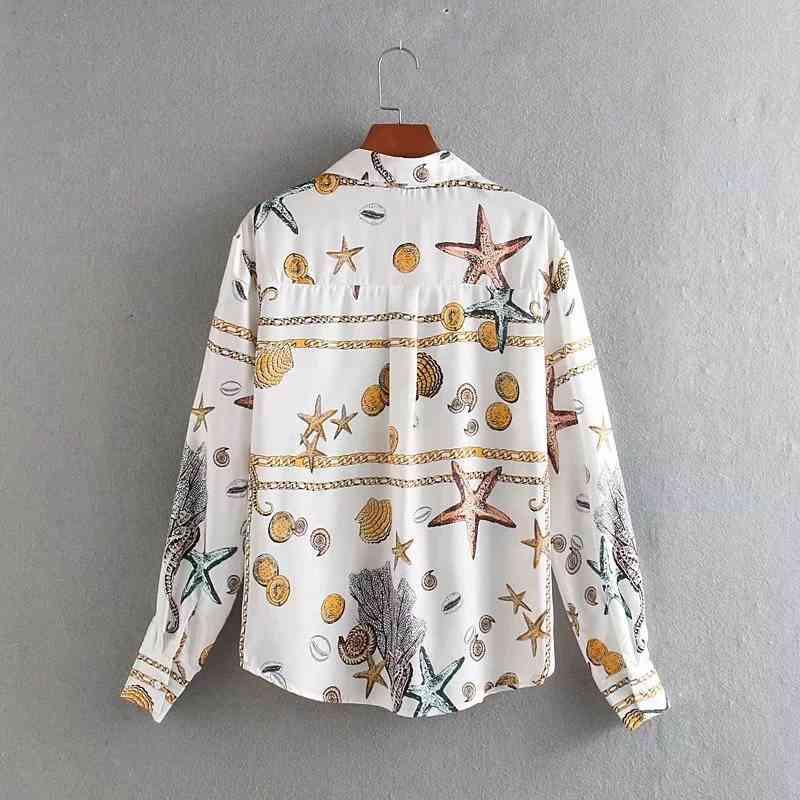 Shell Chain Printing Women Long Sleeve Shirts Autumn Leisure Lady Turndown Collar Blouses Loose Tops S6723 210430