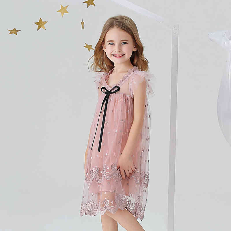 Girls Princess Dress Summer Kids Elegant Mesh Clothes Embroidery Floral Children Baby 210429