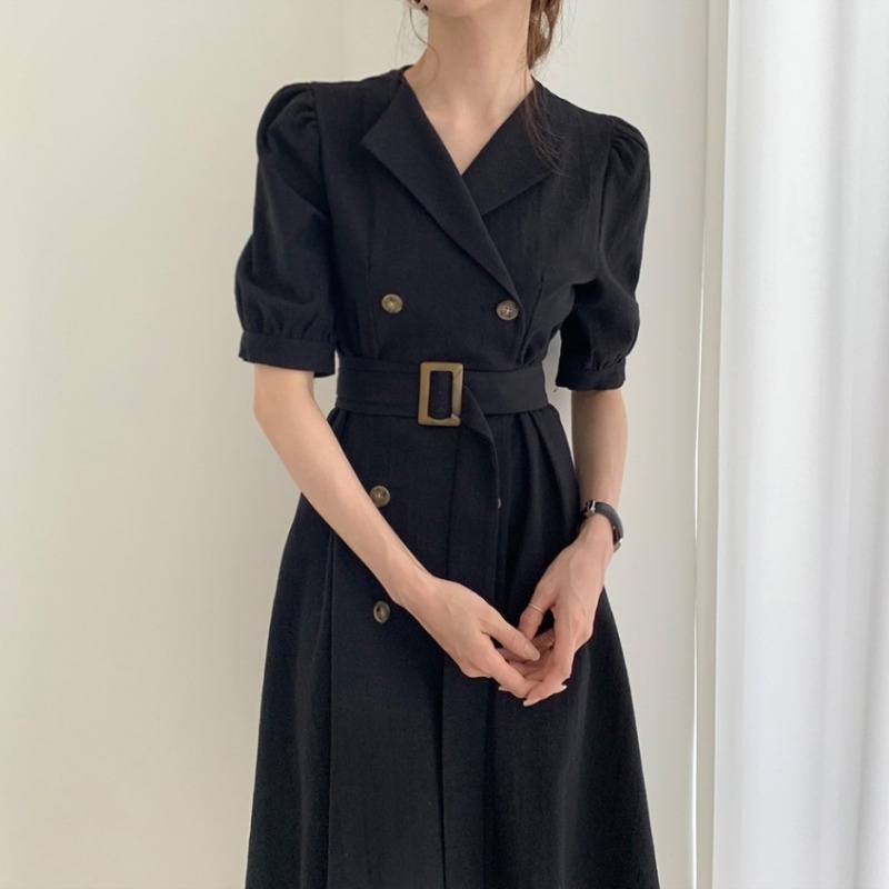 Arrival Vintage Short Sleeve Suit Collar Double-Breasted Slim Dress Women Puff Natural Notched Long Dresses 210520