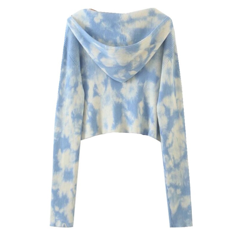 Women Gradient tie-dye Zipper Hooded Cropped Cardigan Sweater Vintage Knitted Exposed navel Short Knitwear Long sleeve Jumper 210429