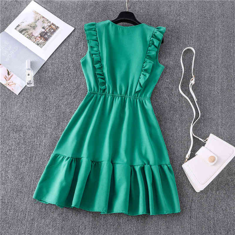Women Summer Dress Fashion Solid V neck Ruffles Sleeve Elegant Party Dresses Vintage Beach Sundress Streetwear Outfits 210331
