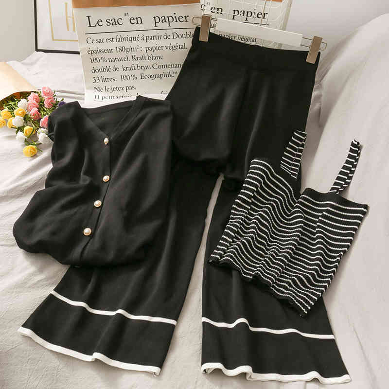 Chic 3 Pieces Set Women Knitwear Cardigan + Striped Vest Wide Leg Pants Female Autumn Casual Tracksuit Outfits 210519