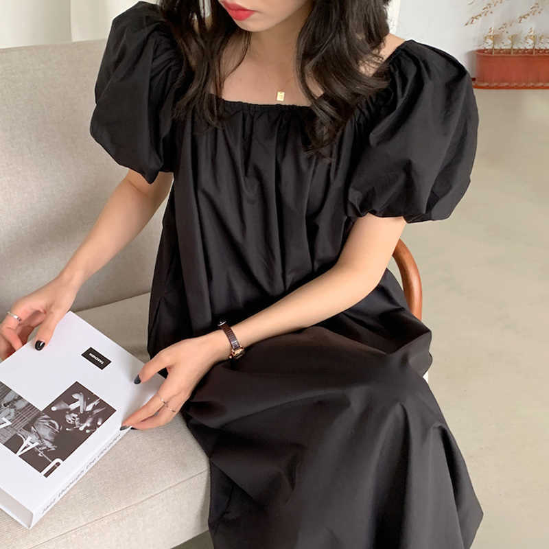 Korejpaa Women Dress Summer Korean Chic Square Neck Open Back Pleated Loose and Versatile Bubble Sleeve Dress Long Vestido 210526
