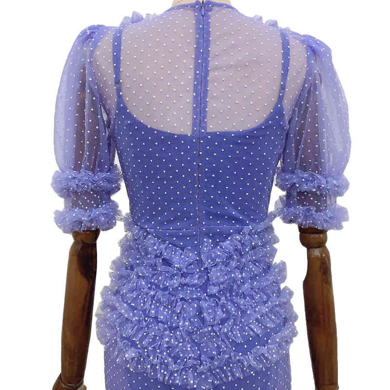 VGH Patchwork Mesh Dot Dress For Women V Neck Short Sleeve High Waist Hit Color Summer Dresses Female Fashion New Tide Clothing 210421