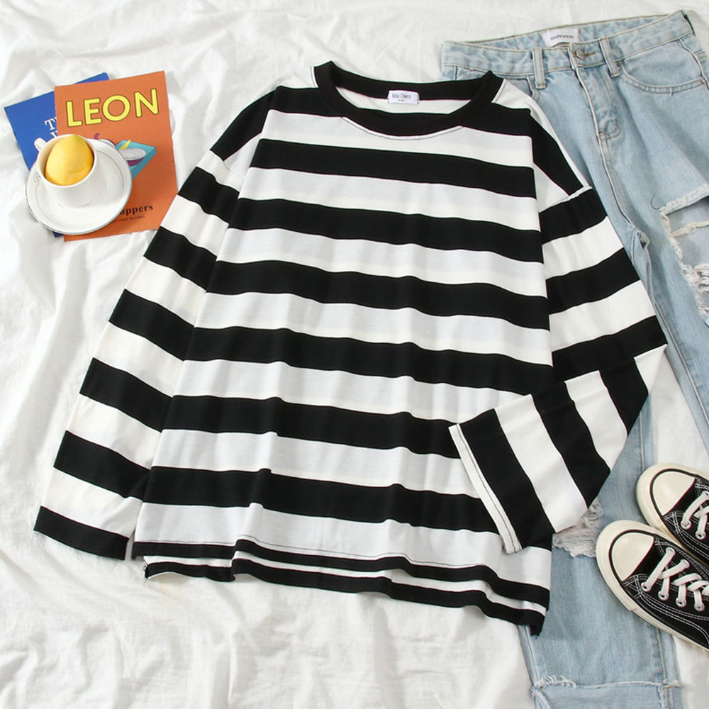 Women Spring Autumn Striped Loose Slim Fit T-shirt Harajuku Long Sleeve Korean Casual Basic Tops Streetwear 210428