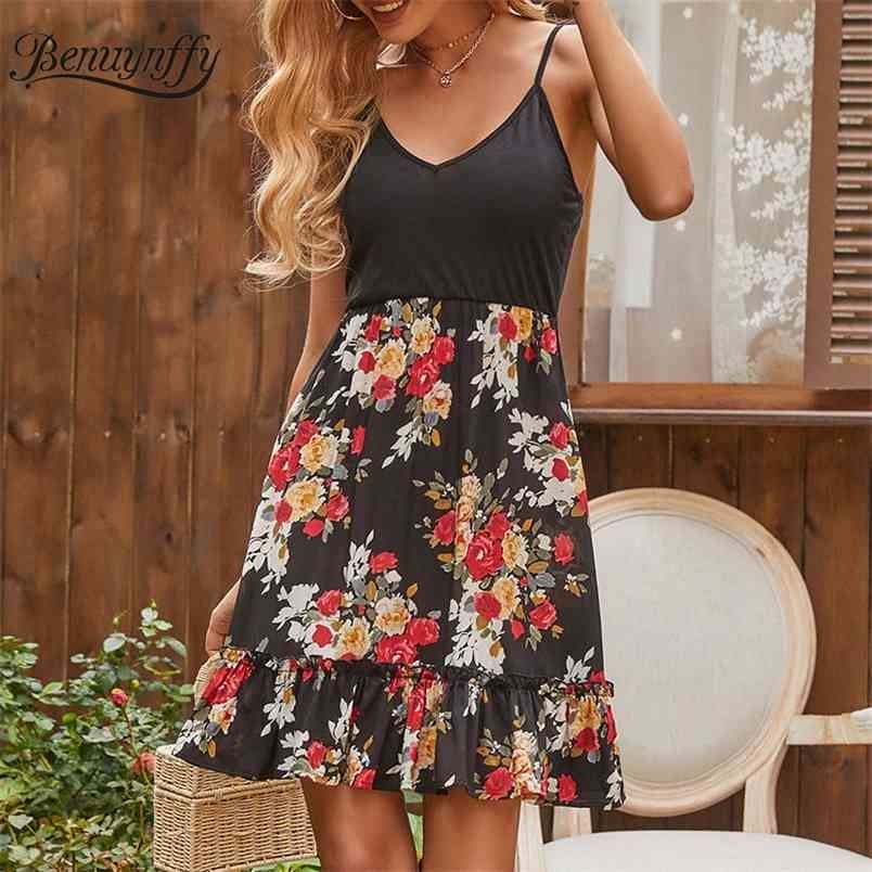V-neck Black Patchwork Floral Print Cami Dress Women Summer Casual Sleeveless Mini Frill Trim Hem A-Line 210510