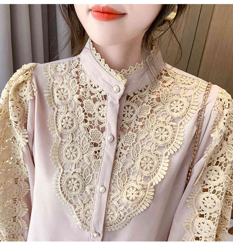 Women's Lace Hollow Out Patchwork Blouses Single Breasted Female Tops Office OL Lady blusas Ropa De Mujer 210520