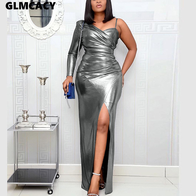Women One Shoulder High Slit Maxi Dress Metallic Bodycon Long Dress Evening Club Party Vestidos, Gold
Women One Shoulder High Slit Maxi Dress Metallic Bodycon Long Dress Evening Club Party Vestidos, Gold