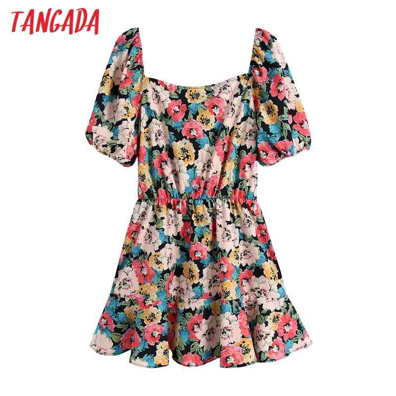 Summer Women Floral Print Mini Dressv Neck Sleeve Ladies Short Dress Vestidos BE509 210416