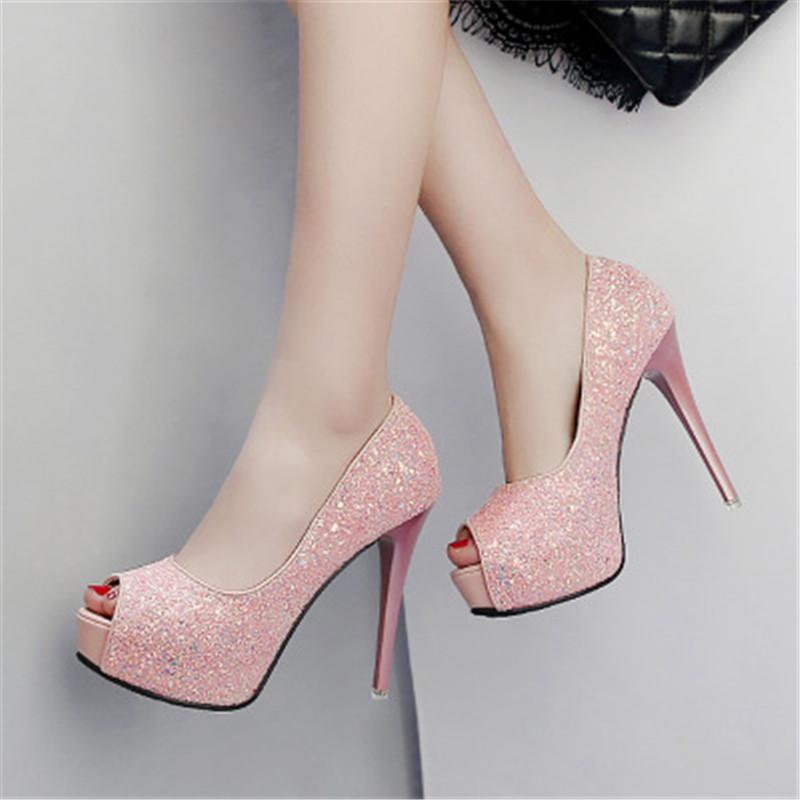 Sexy Women's Black Glitter Fish Mouth Wedge High Heels with 12 cm Platform