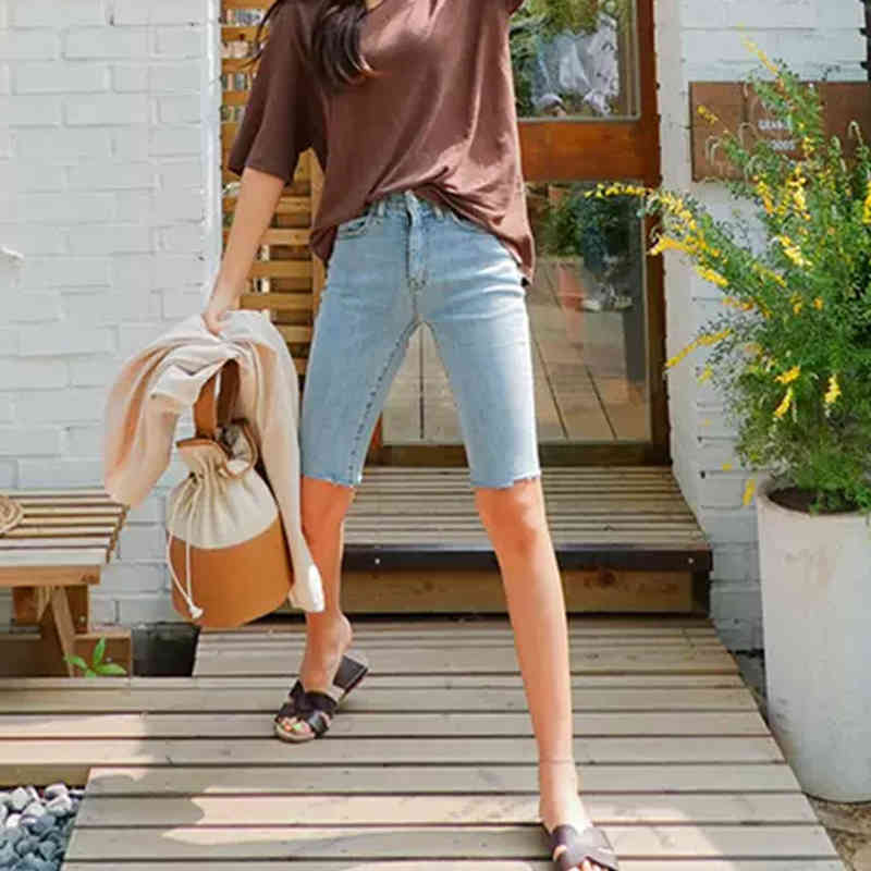 Shinny Plus Size Women Pants Femme Summer Blue Short Jeans Casual Elastic Cotton Denim Shorts 10419 210415
