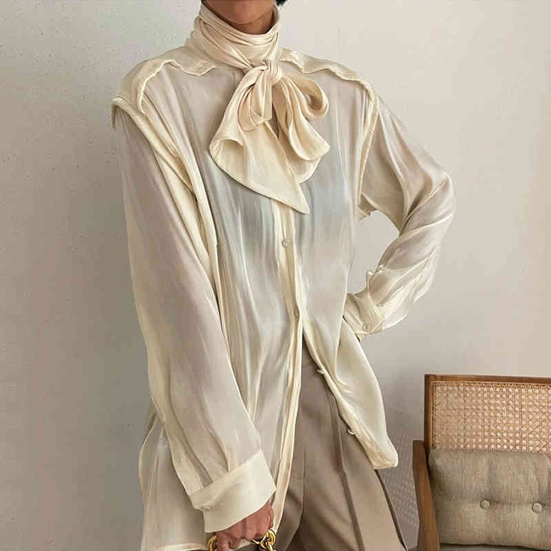 Nomikuma Sexy See Through Women Shirt Korean Bow Bandage Collar Top Blusas Spring New Long Sleeve Causal Blouse Mujer 6D895 210427