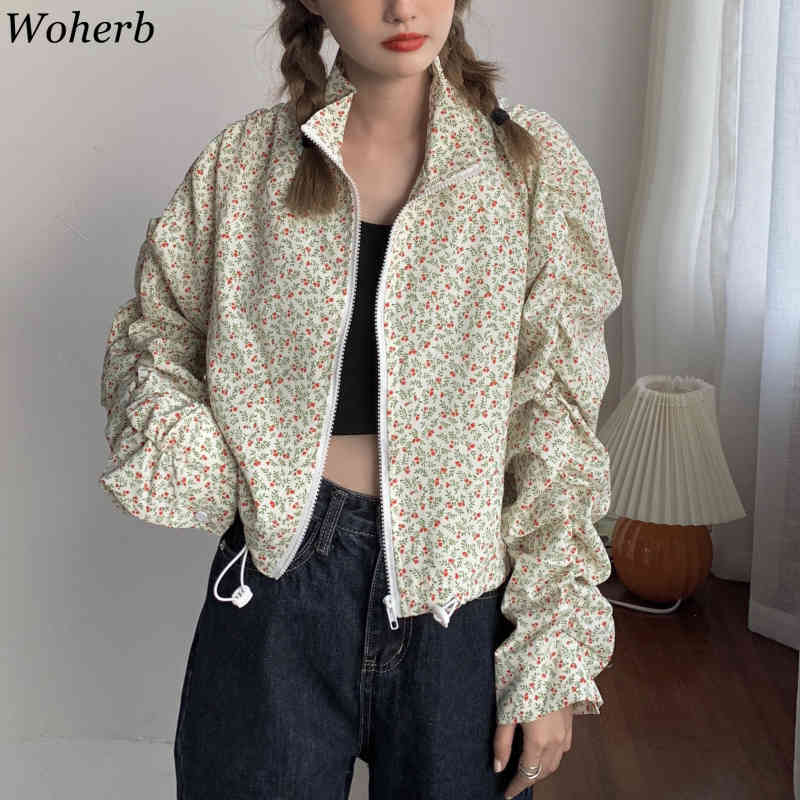 Korean Chic Elegant Floral Print Womens Coats and Jackets Pleated Sleeve Cropped Coat Spring Chamarras De Mujer 210519