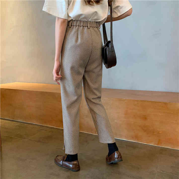 Plaid Women Harem Autumn High Waist Pockets Button Fly Fashion Ladies Ankle-Length Pants Casual Bottoms B06804K 210416