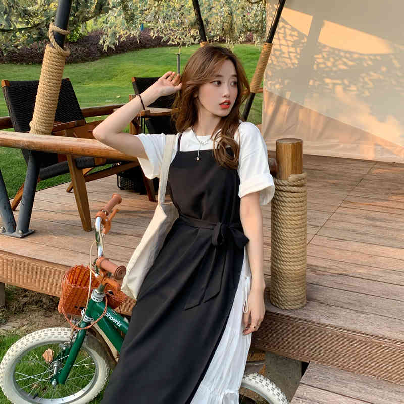 Bohemian Beach Summer Dress Women Casual Preppy Style Spaghetti Strap Black Patchwork Vintage Long dress Female (N0071) 210423