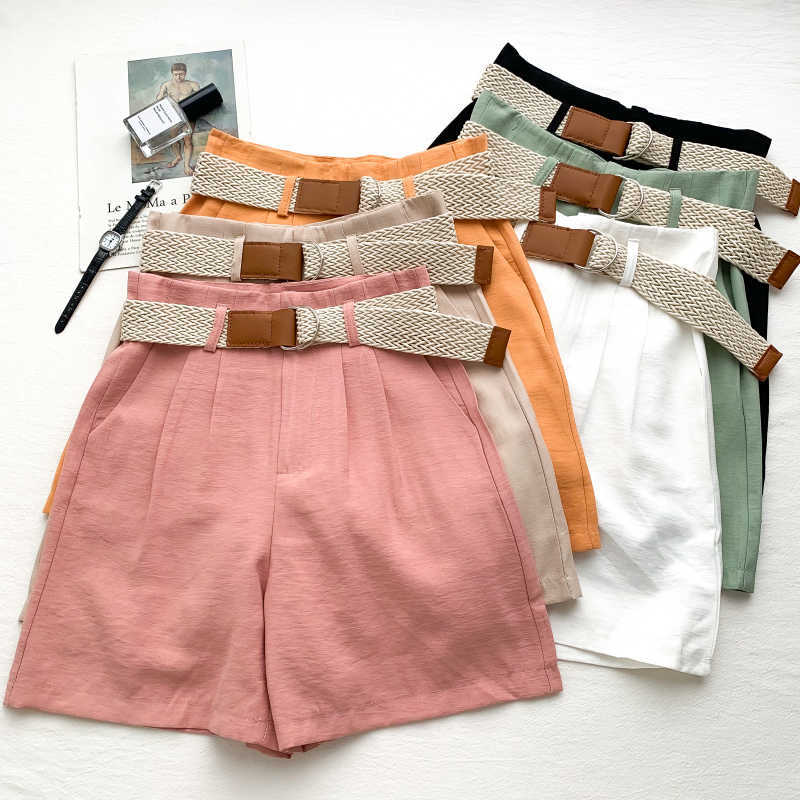Ashgaily Shorts Women Vintage Sashes All-match Solid High Waist Casual Loose Ladies XL 210714