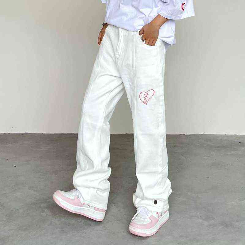 HOUZHOU Streetwear Love Embroidery White Baggy Women Fashion Jeans Retro Korean Style Kpop Low Waist Wide Leg Black Denim Pants 211129