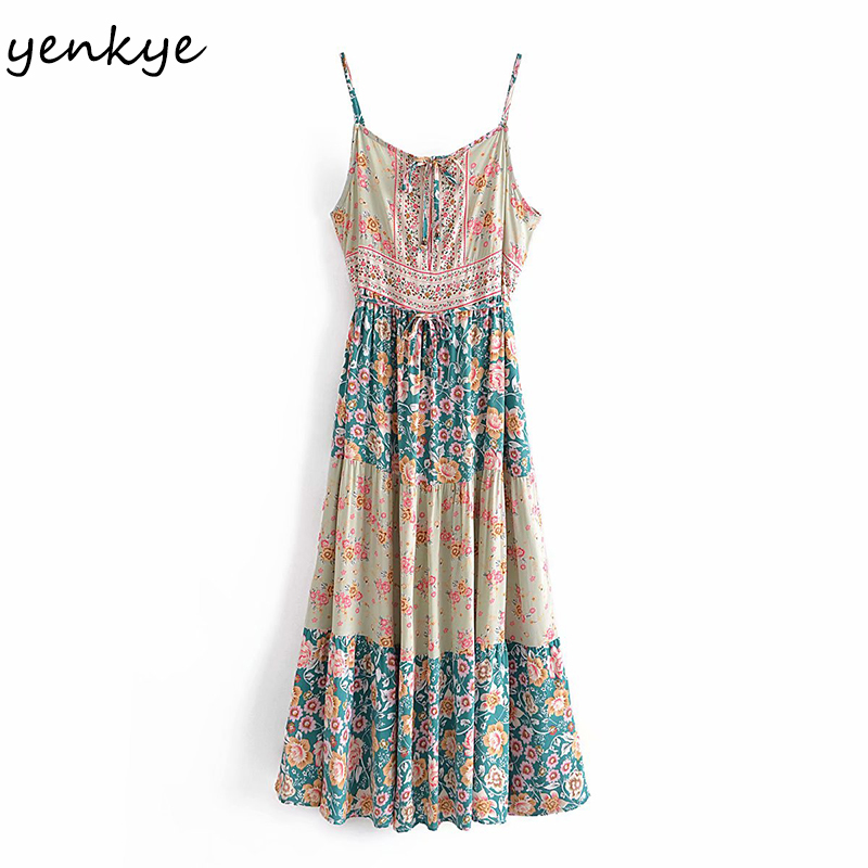 Holiday Summer Boho Beach Dress Women Vintage Hit Color Floral Print Robe Longue Female Sexy Sling Casual Long Dresses 210430