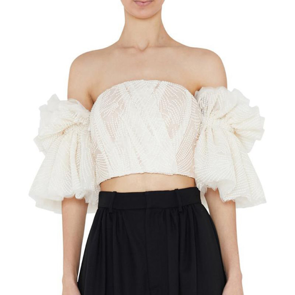 Free Women's Summer Tops Sexy Card Shoulder Ruffle Sleeve Mesh Open Back Short Club Evening Party 210524