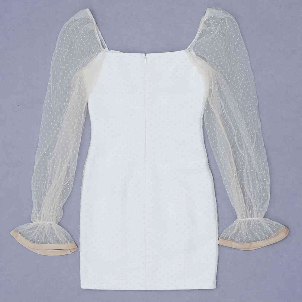 Women's Summer Sexy Long Sleeve Mesh Mini White Tight Bandage Dress Latest Elegant Celebrity Party Vestidos 210525
