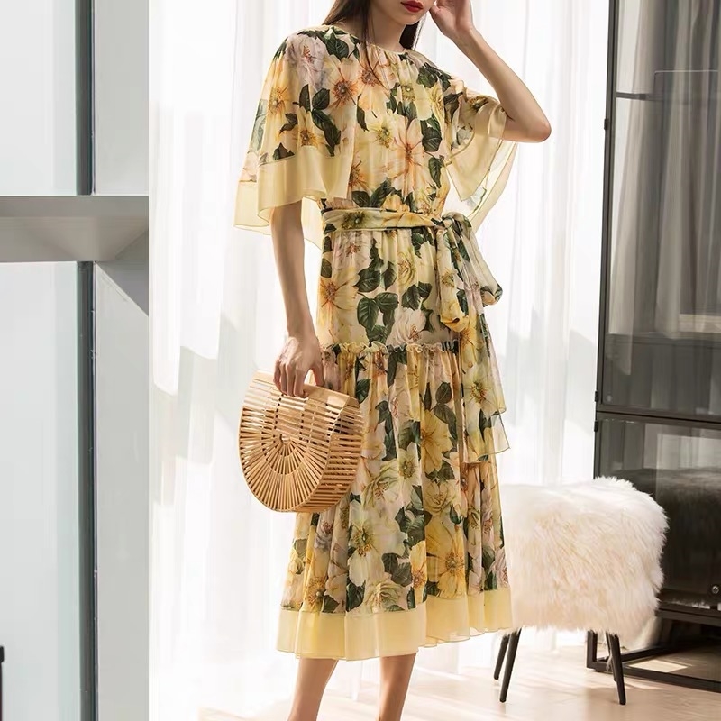 vintage yellow flower printed O-neck ruffles midi ruched summer spring dress women femme dresses robe boho mujer vestidos 210421