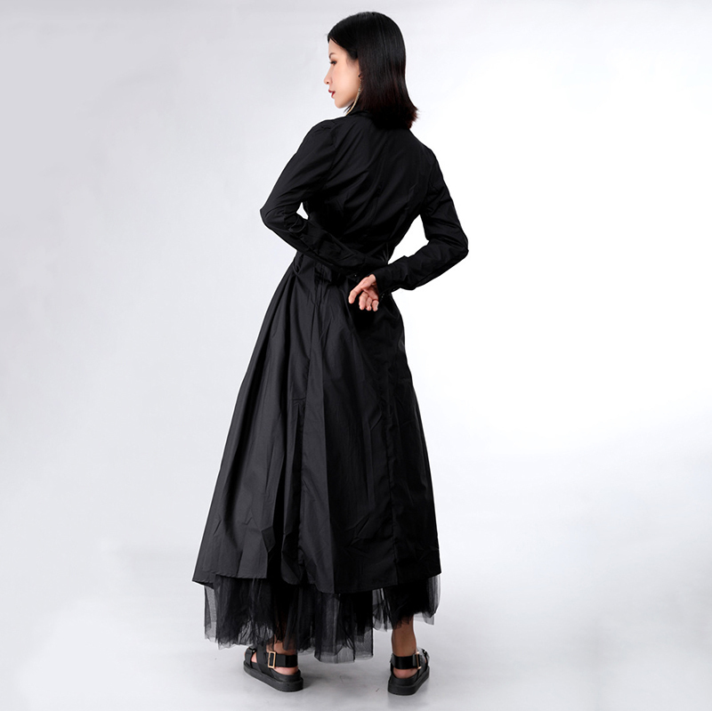 [EAM] New Spring Autumn Lapel Long Sleeve Button Bandage Stitch Pleated Irregular Shirt Dress Women Fashion Tide JY778 210409