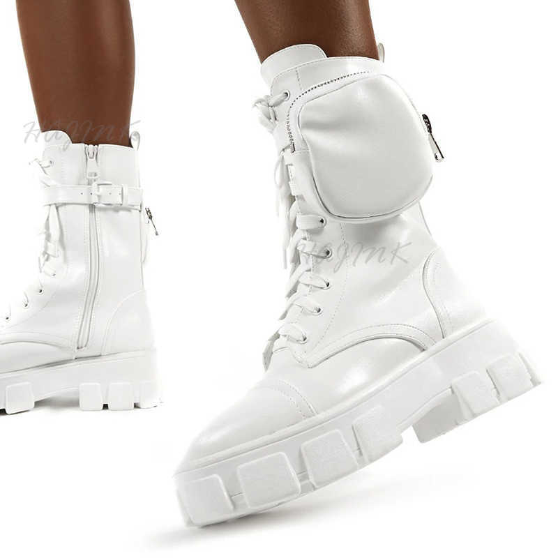 Women Boots Fashion Chunky Pocket Platform White Shoes For Autumn Winter High Heels Botas Mujer 210911