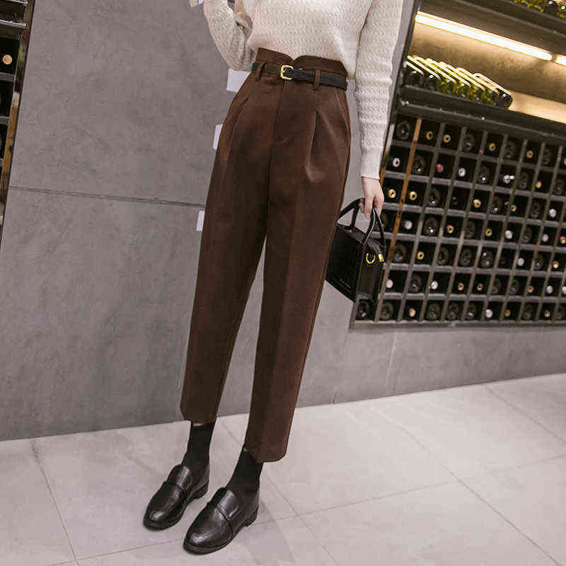 Woolen Formal Women's Harem Pants with Belt Autumn Winter High Waist Office Lady Elegant Ankle-Length Trousers Pocket 211115
