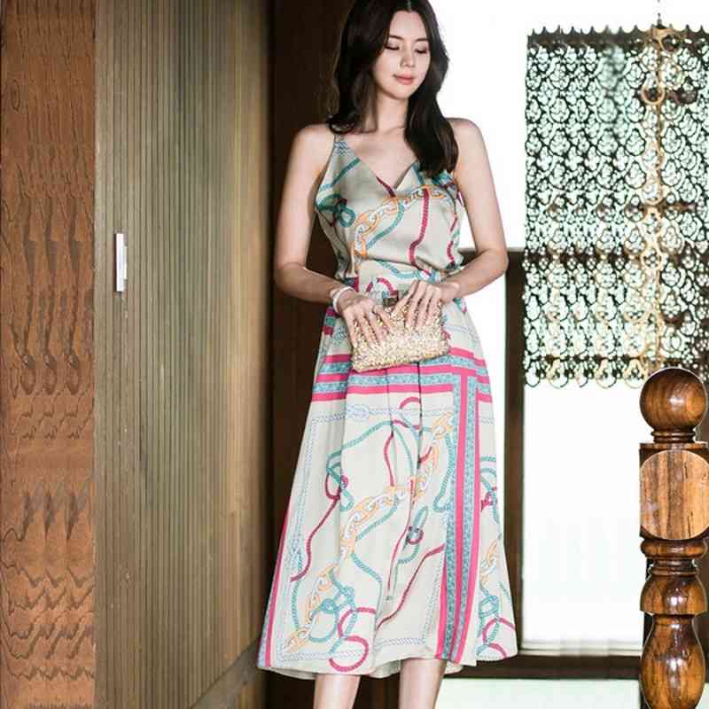 Summer Two Piece Set Women Halter V Neck Spaghetti Strap Top + Long Skirt Satin Silk Fashion Chains Print Suit 210519