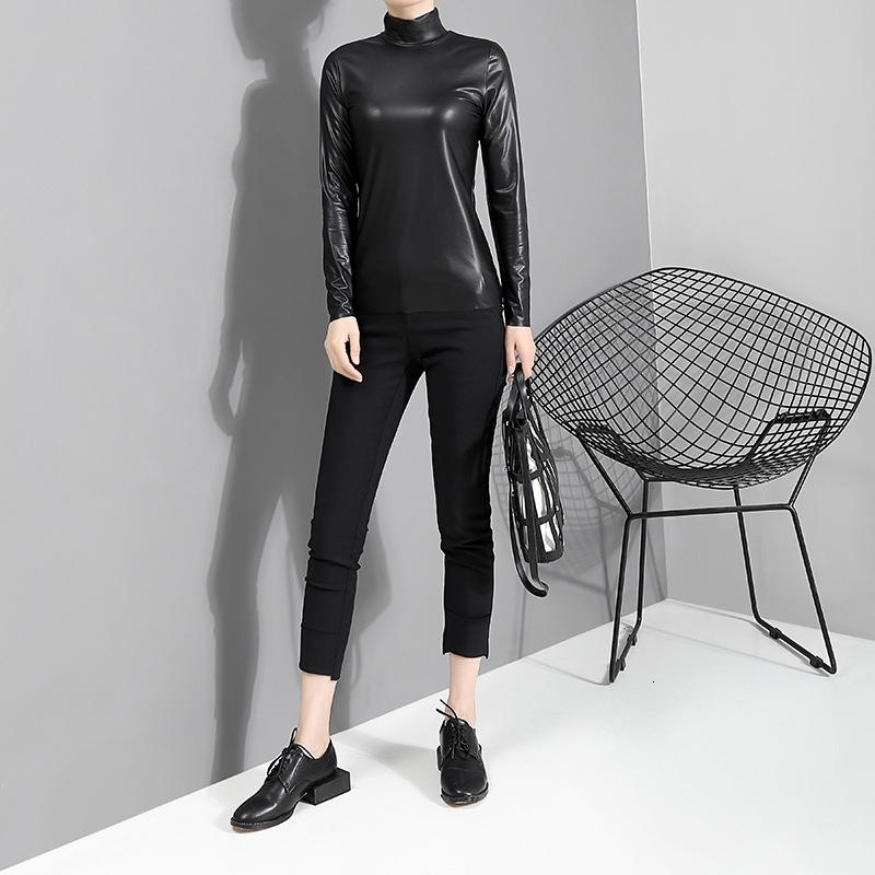 EAM Women Black Brief Pu Leather Temperament Tshirt Stand Collar Long Sleeve Fashion Spring Autumn JY93301 210406