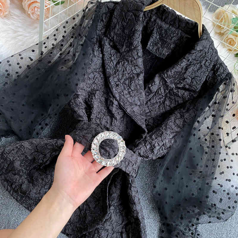 Nomikuma Elegant Notched Collar Women Blouse Dot Mesh Puff Sleeve Patch Shirt Double Breasted Belt Slim Waist Short Tops 6D609 210427