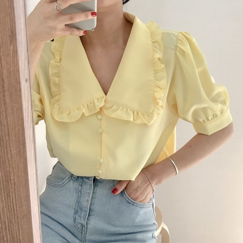 Summer Loose Blouse Women Short Sleeve Solid Peter Pan Collar Sweet Ladies Shirts Chiffon Casual Female Tops Blusa 10196 210508