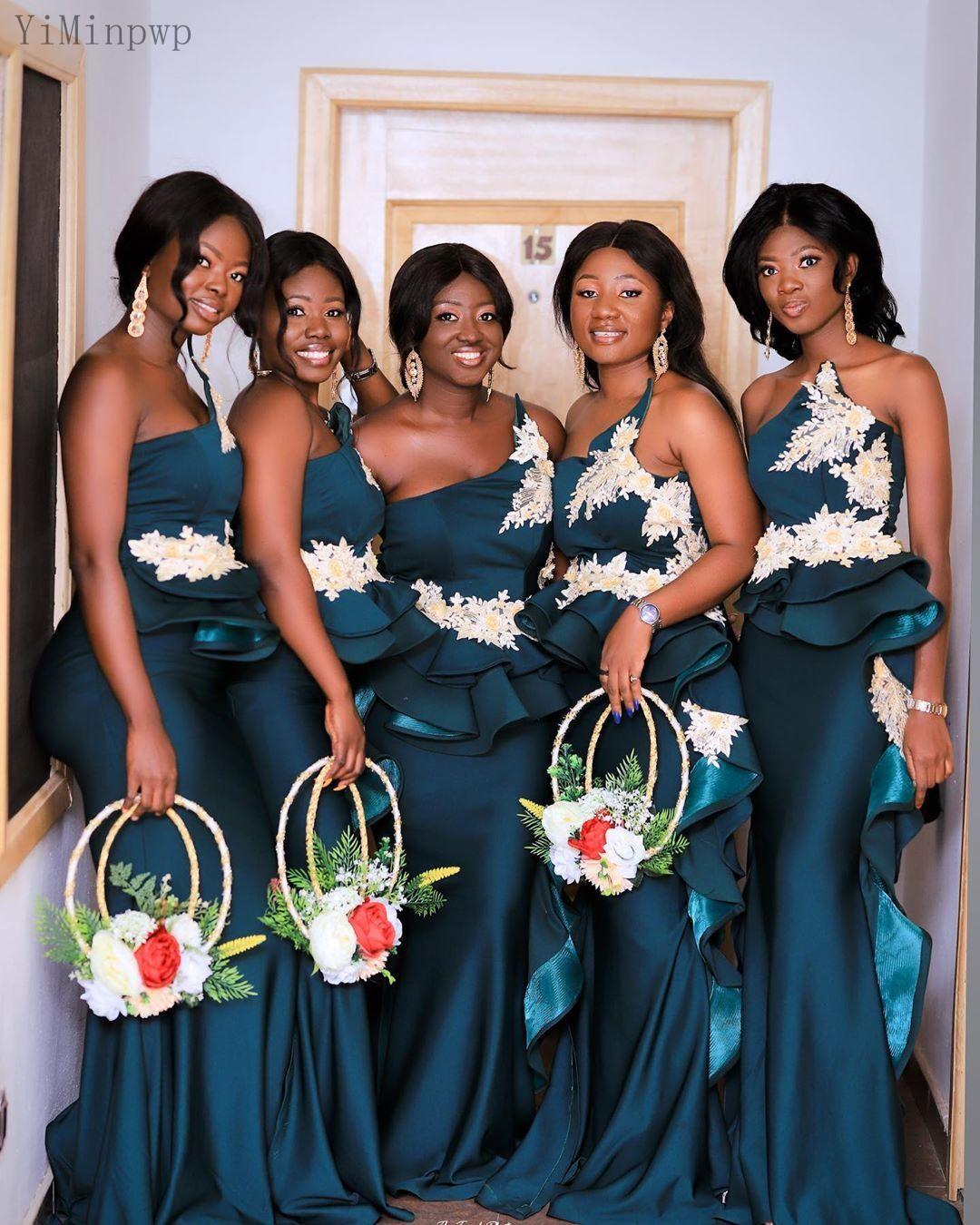 Size Plus Teal Mermaid Bridesmaid Dresses Strapless Sweep Train White Appliques Ruffles Peplum Wedding Guest Party Gowns Maid of Honor Dress Customize