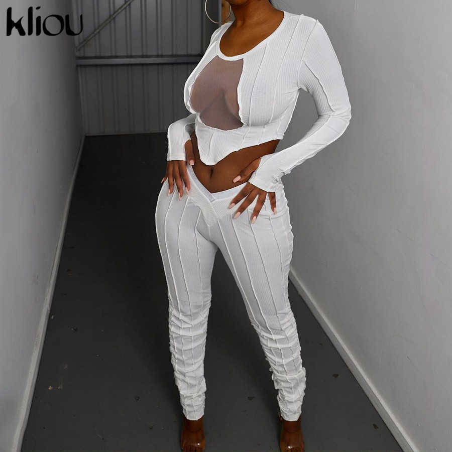 Kliou Hollow Out Mesh Solid Two Piece Outfits Women Autumn Long Sleeve Crop Top And Pants Matching Sets Female Casual Streetwear 211007