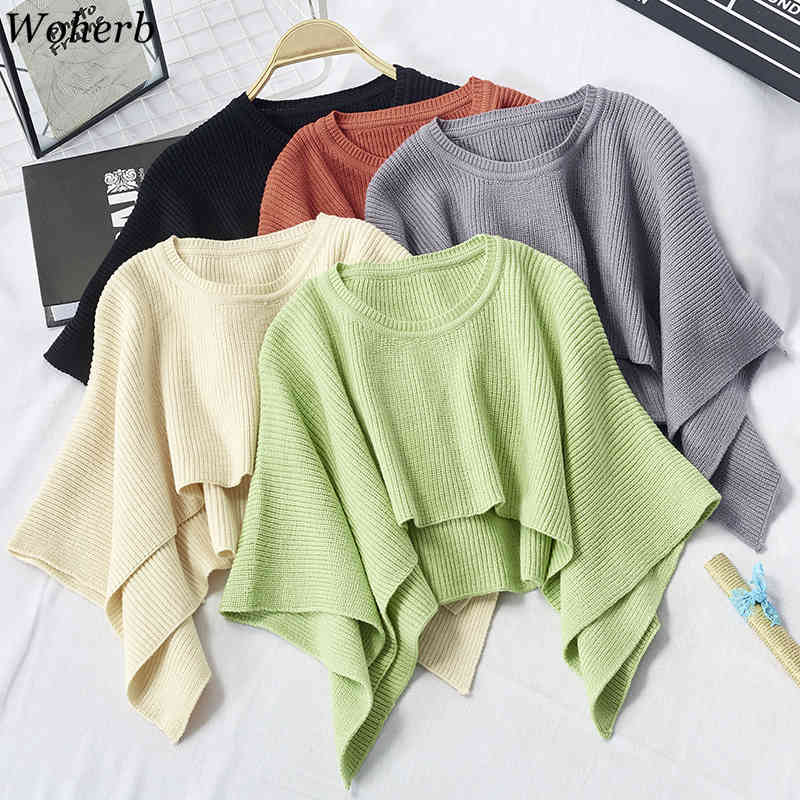 Autumn Knitted Sweater Women Ladies Fashion Poncho Cloak Loose Shawl Casual Solid Cropped Cape Sueter Mujer 210422