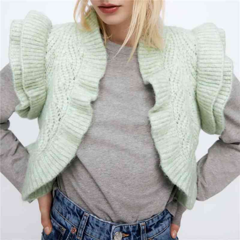 Elegant Women Cascading Ruffles Sweaters Fashion Ladies Knitted Tops Streetwear Female Chic Mint Short Cardigans 210430