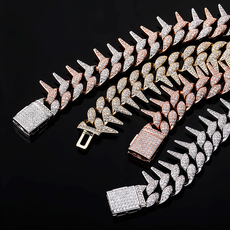 Solid Rivet Spike Thorns Cuban Miami Link Chain Bracelets Bangles for Men HIP Hop Jewelry Claw Setting AAA CZ Stone Rapper Punk Party Rock Grunge Jewe