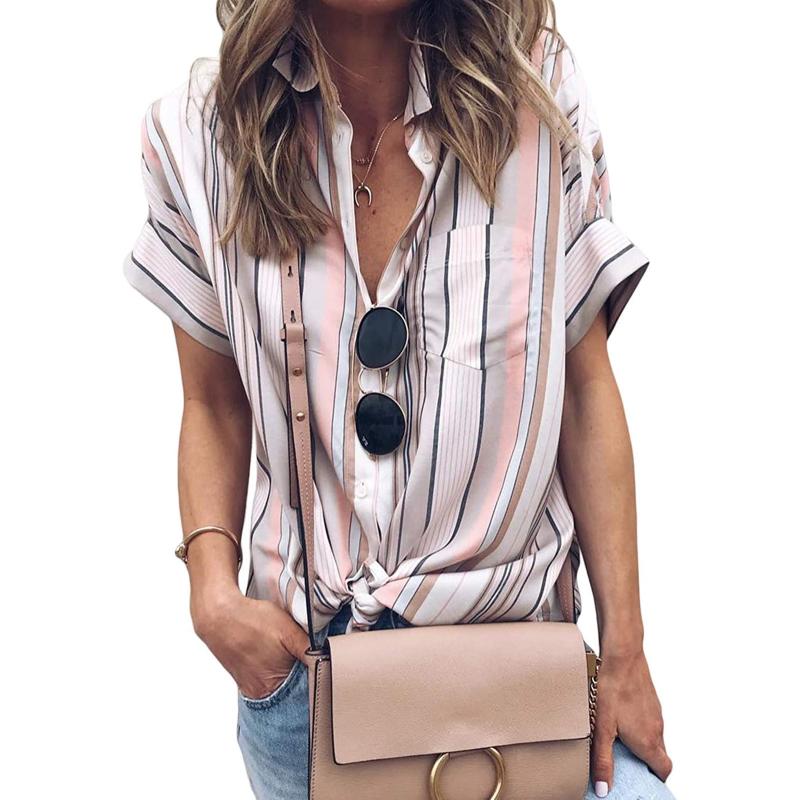 Women's Blouses & Shirts Summer Casual Striped Shirt Women Cuffed Short Sleeve Turn-down Collar Blouse Print Button Pockets, White
Women's Blouses & Shirts Summer Casual Striped Shirt Women Cuffed Short Sleeve Turn-down Collar Blouse Print Button Pockets, White