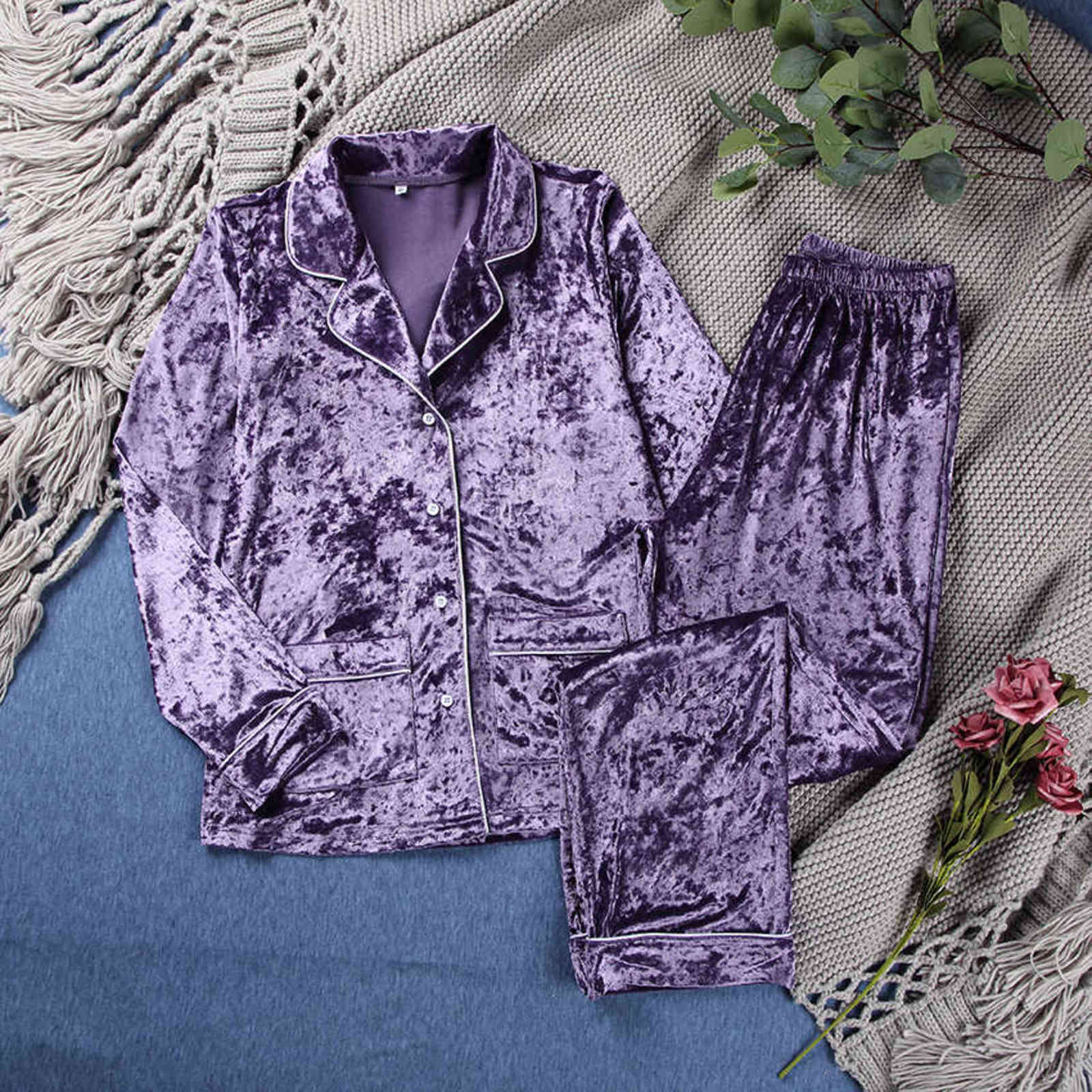 HiLoc Purple Velvet Pajamas Women Sets Long Sleeve Home Suit Winter Sleepwear Warm Lounge Wear Double Pockets Female Set Casual 211109