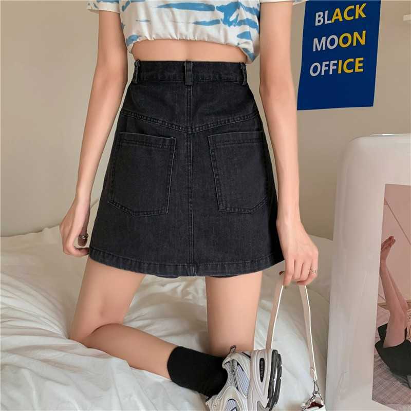 Yedinas Punk Style Black Blue Solid High Waist Pencil Mini Denim Skirts Korean Pocket Jeans Skirt Harajuku A-line Ladies Jupe 210527
