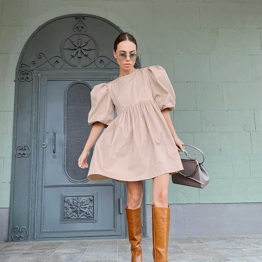 Women Mini Dress Casual O-neck Lantern Sleeve Loose A-lin Streetwear Dress Female Elegant Simple Solid Party Dress Summer 210630