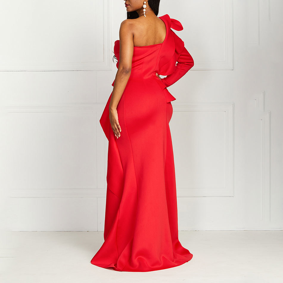 Free Elegant Party Dress Sexy Evening Women Long es One Shoulder Bodycon Split Female Ruffles Maxi Red 210524