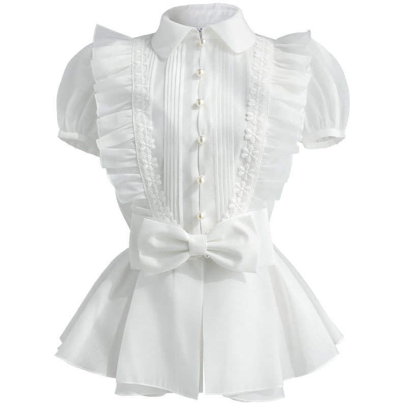 Dabuwawa Elegant Lace Blouse Shirt Women Ruffles Puff Sleeve Bow Blouse Female Summer Tops Office Lady Pearl Button DO1BST002 210520