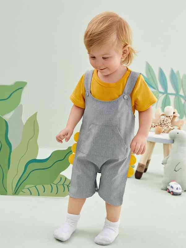Baby Solid Tee & 3D Patched Kangaroo Pocket Overall Romper SHE