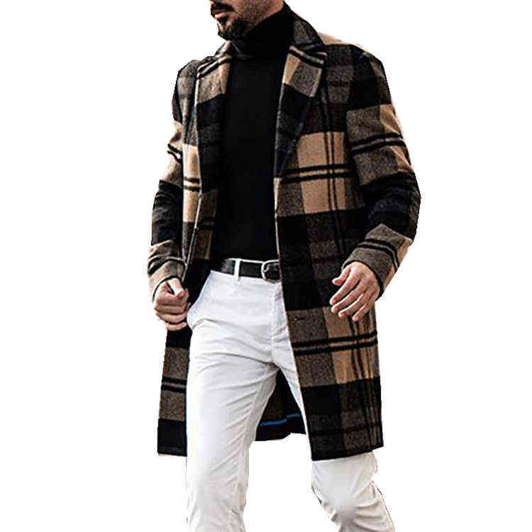 Mens Autumn Plaid Woolen Coats Casual Fashion Mid-length Overcoats Winter Elegant Male Lapel Open Stitch Size S-3XL 211122