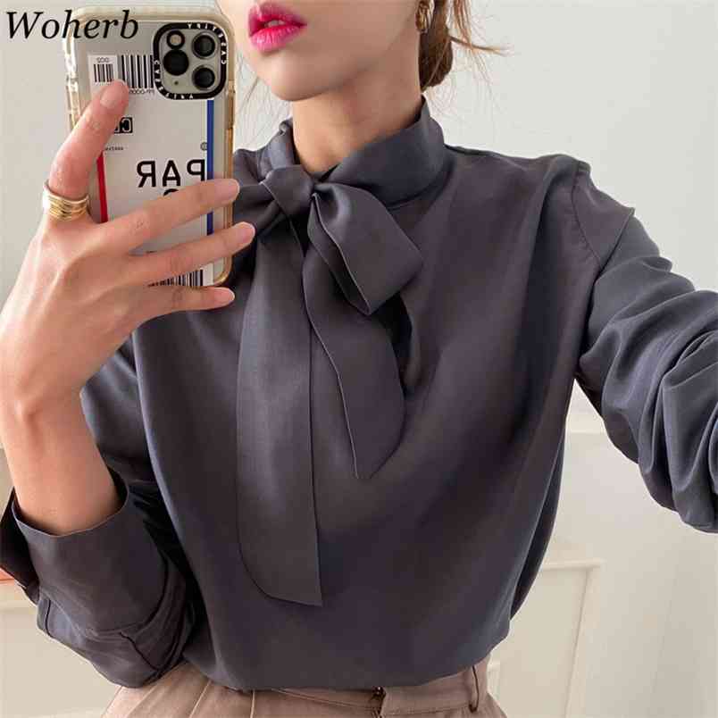 Chic Women Bow Bandage Stand Collar Blouses Solid Casual Retro Sweet Elegant Blouse Korean All Match Tops Shirt 210519