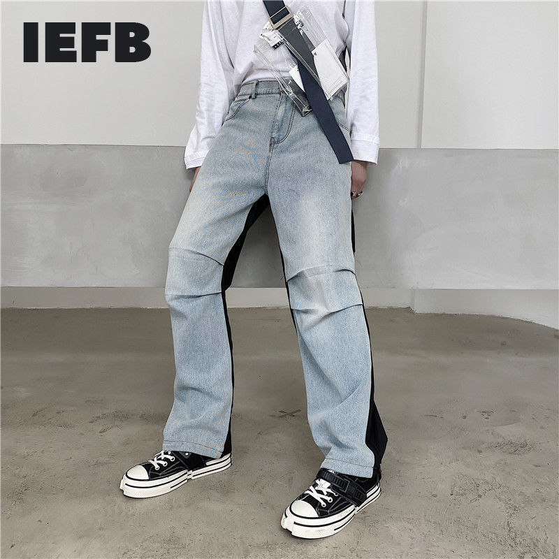 IEFB Men's Wear Color Block Patchwork Work Clothes Jeans Loose Wide Leg Fold Leg Pants Male Spring Pdenim Pants 9Y3754 210524