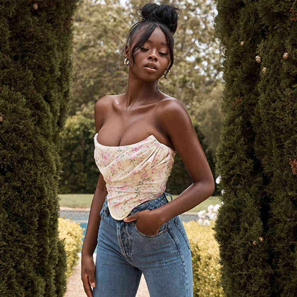 Summer Women Fashion Floral Strapless Tops Sexy Sleeveless Club Celebrity Runway Party Out Wear Casual Crop 210423