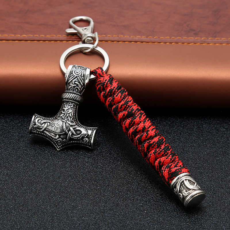 Vintage Handmade Keychain Viking Rune Hammer Car KeyRing Mjolnir Outdoor Mountaineering Survival Braided Rope Men Norse Jewelry G1019